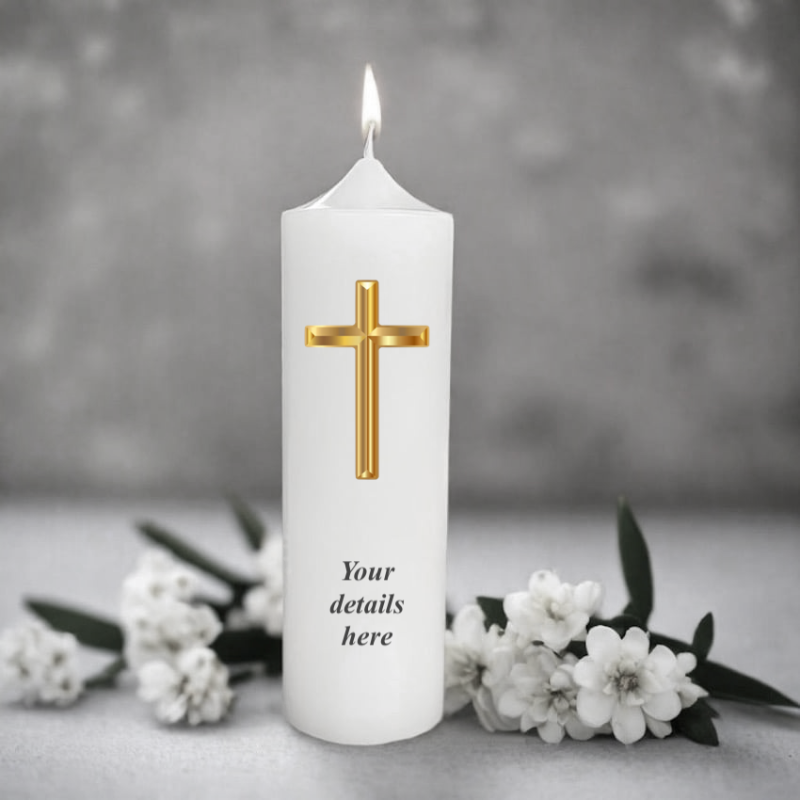 White candle with a gold cross and placeholder text on a gray background with flowers.