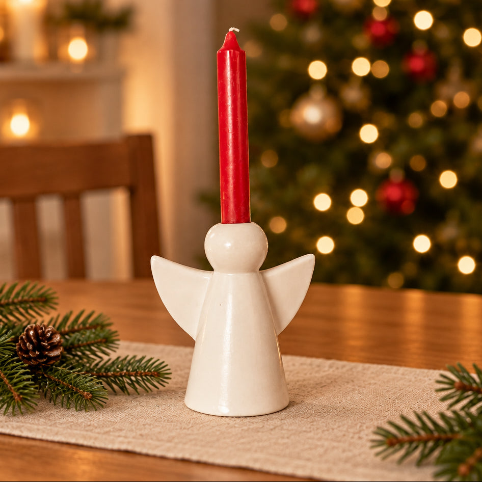 A white ceramic angel candle holder with wings, holding a single red taper candle, white background.