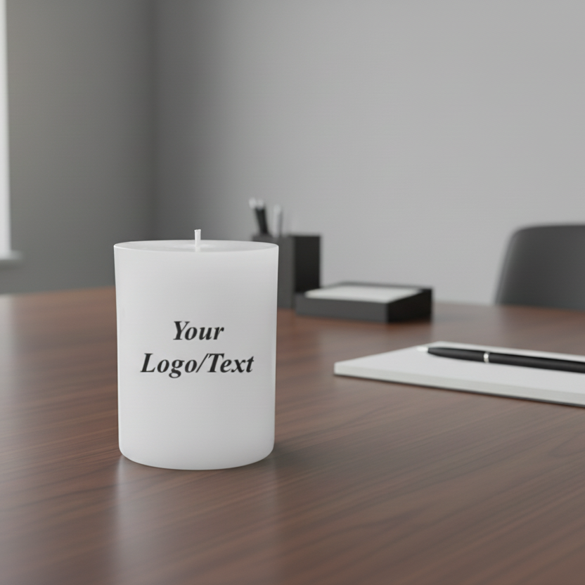 White candle with customizable text or logo