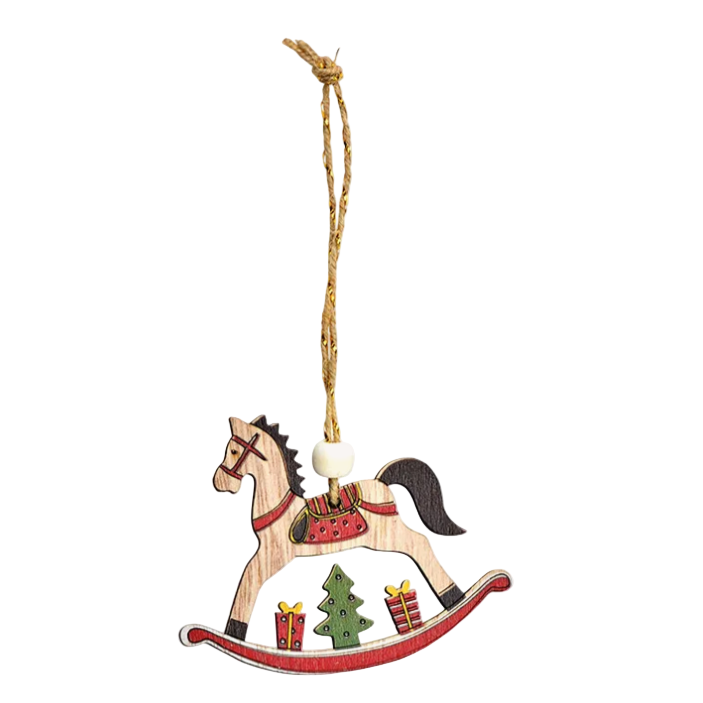 Decorative rocking horse ornament with Christmas elements on a white background