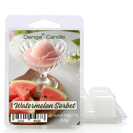 Denga Candle Watermelon Sorbet wax melts packaging with a glass of pink sorbet and watermelon slices.