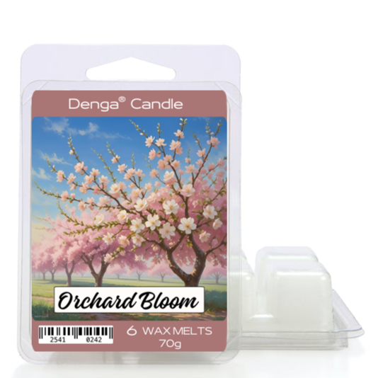 Denga Candle Orchard Bloom wax melts packaging with cherry blossom design on a white background