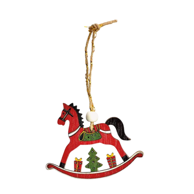 Red rocking horse ornament with green tree and red presents on a white background