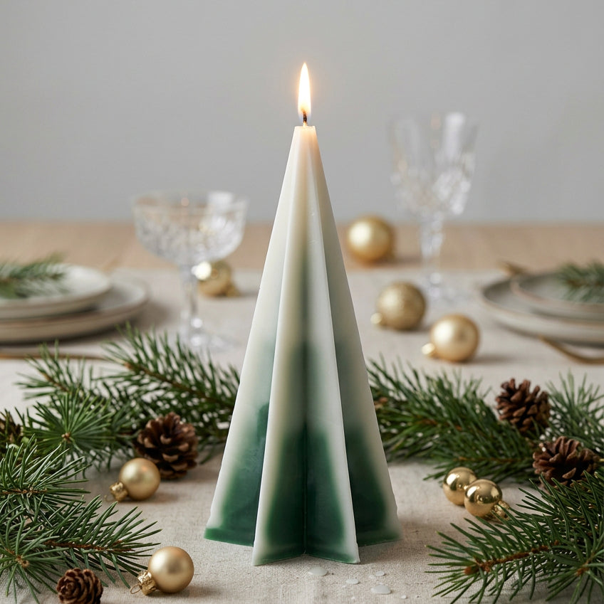 A green and white candle with 6 points star