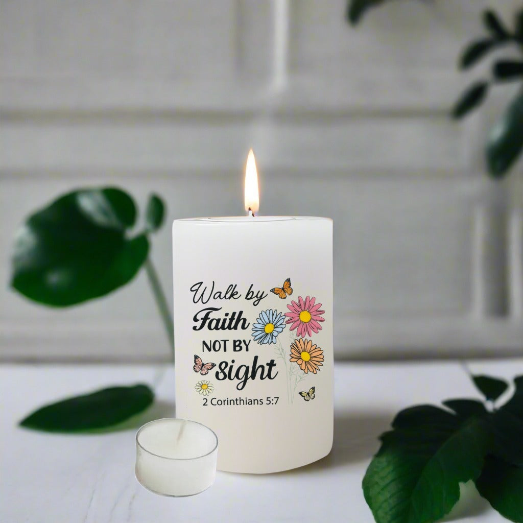 A white pillar candle with a lit flame, printed with the Bible verse 'Walk by Faith NOT BY Sight 2 Corinthians 5:7' alongside colourful flowers and butterflies.