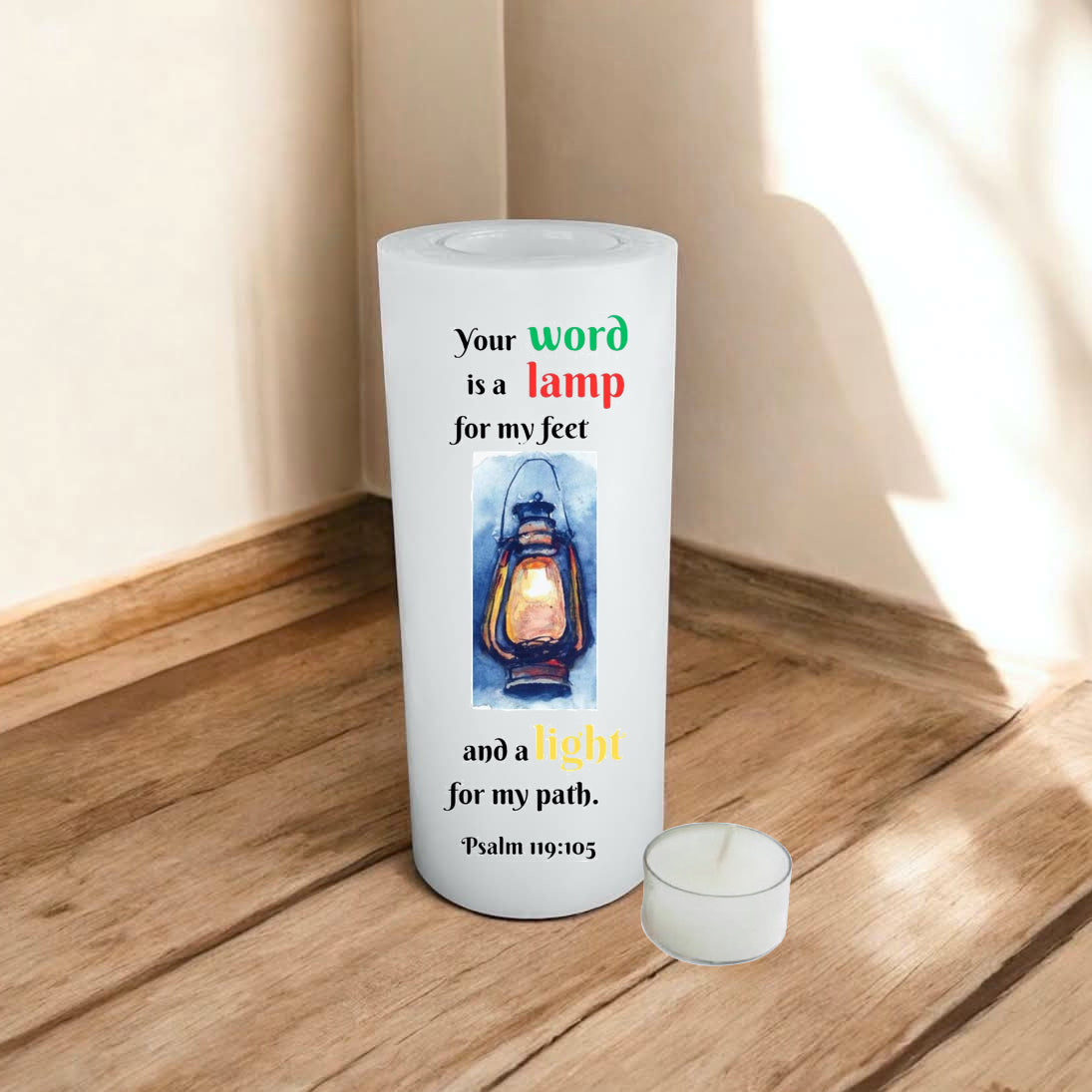 Candle with a lamp illustration and text on a wooden surface