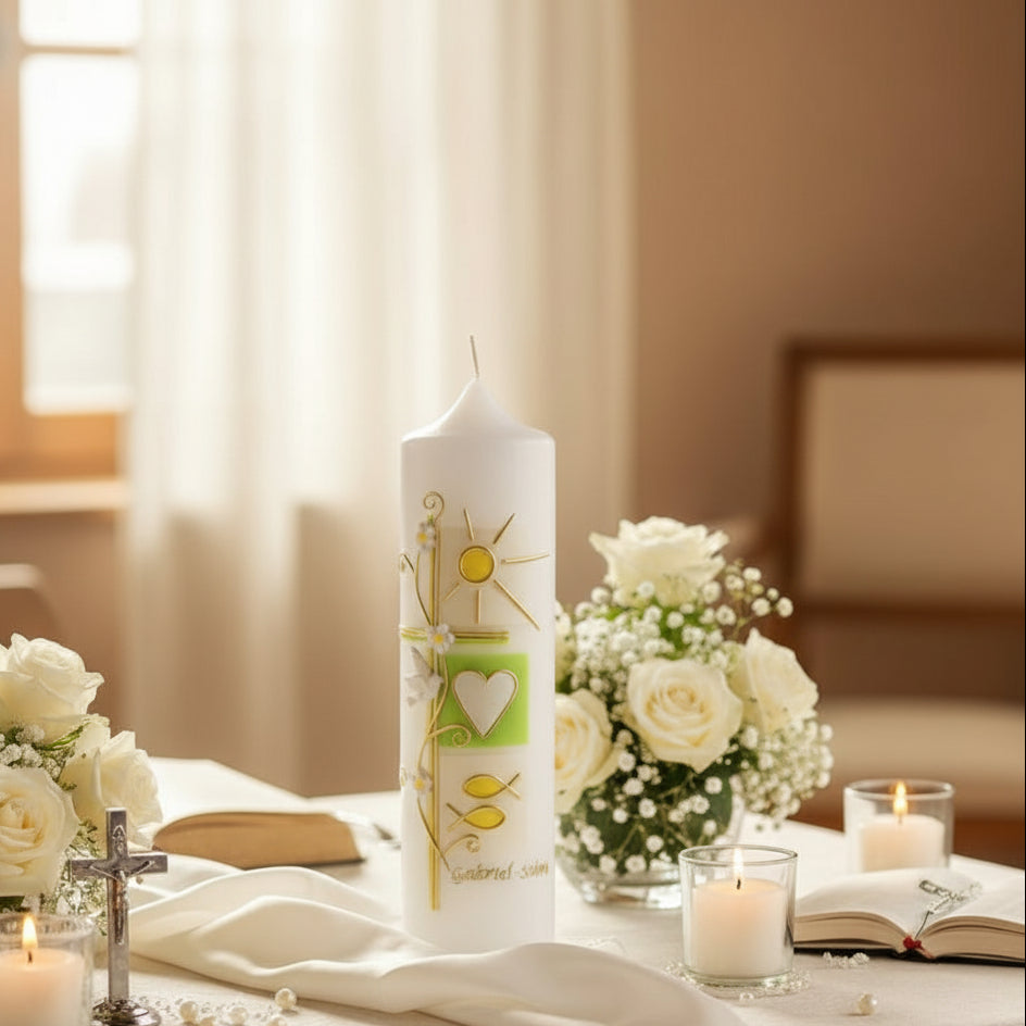 Decorative baptism candle with religious symbols on a table with flowers and candles.