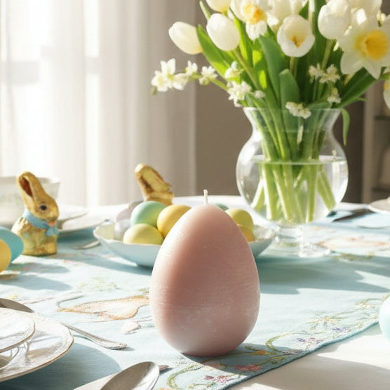 large-egg-candle-dustypink on a breakfast table