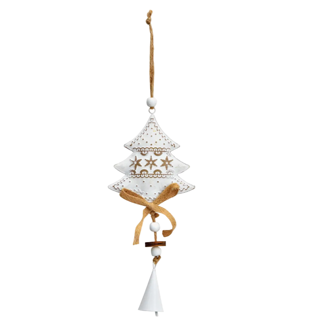 Decorative metal Christmas tree ornament with stars and a ribbon on a white background