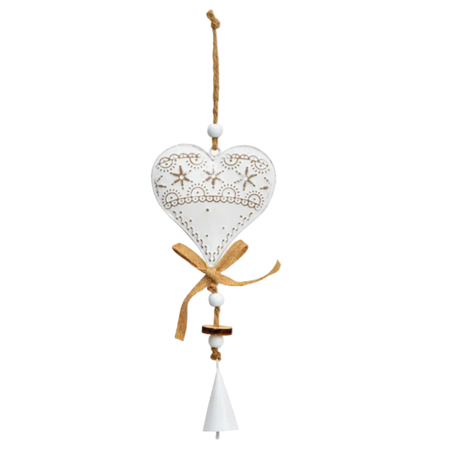 Decorative metal heart-shaped hanging ornament with lace design on a white background