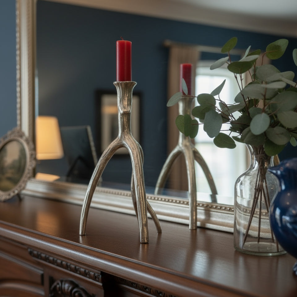 dinner candle holder in shape of an antler on a fireplace mantle