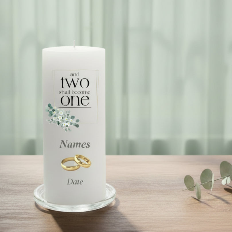 White wedding candle with personalized text and rings