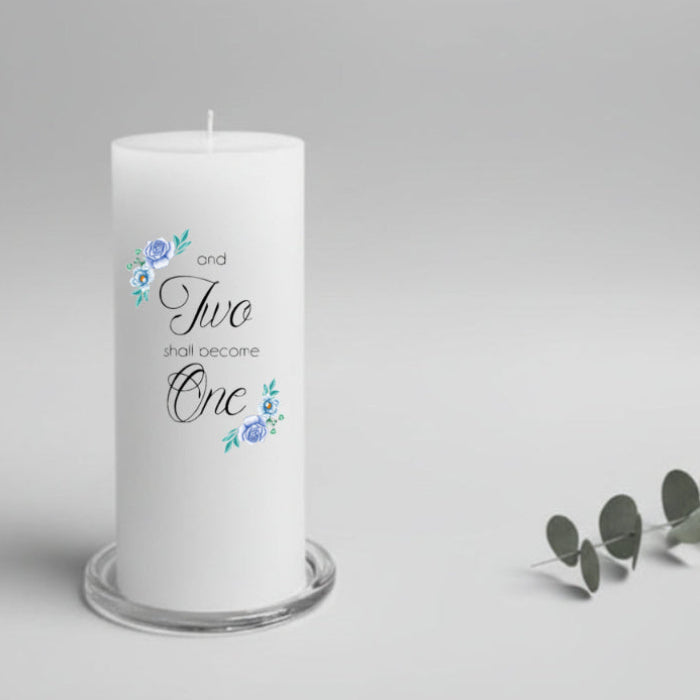 White wedding candle with text and floral design on a gray background
