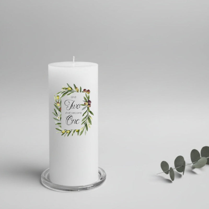 White wedding candle with a decorative olives design frame