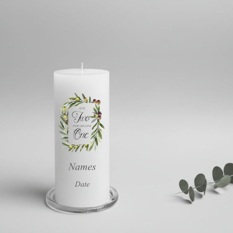 White wedding candle with a decorative olives frame design