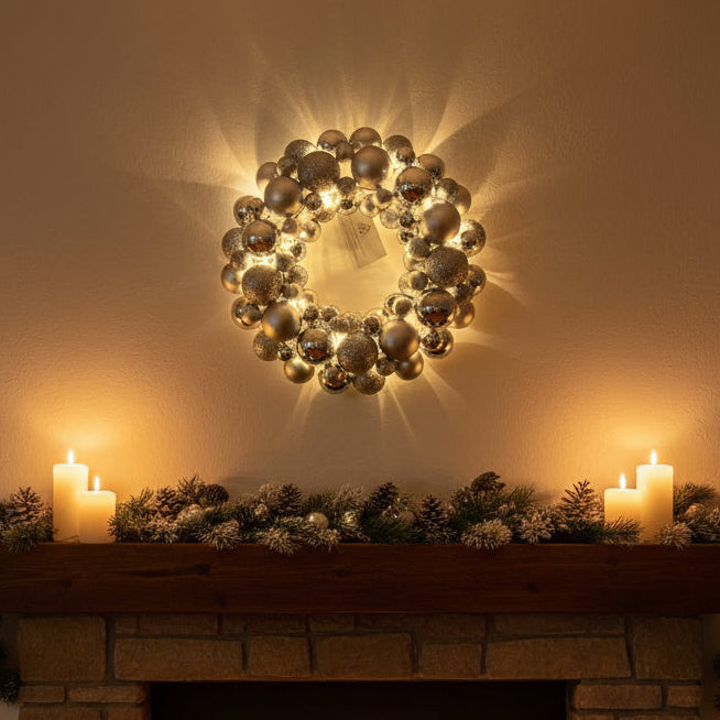 Decorative wreath with silver balls and LED lights