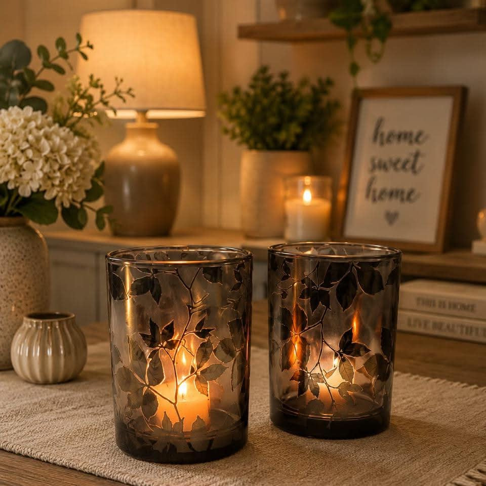 Large Glass smoked with leaves decor