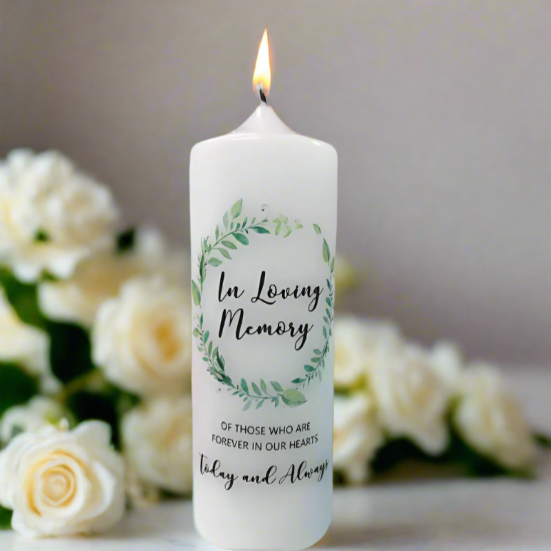 white candle with in loving memory print