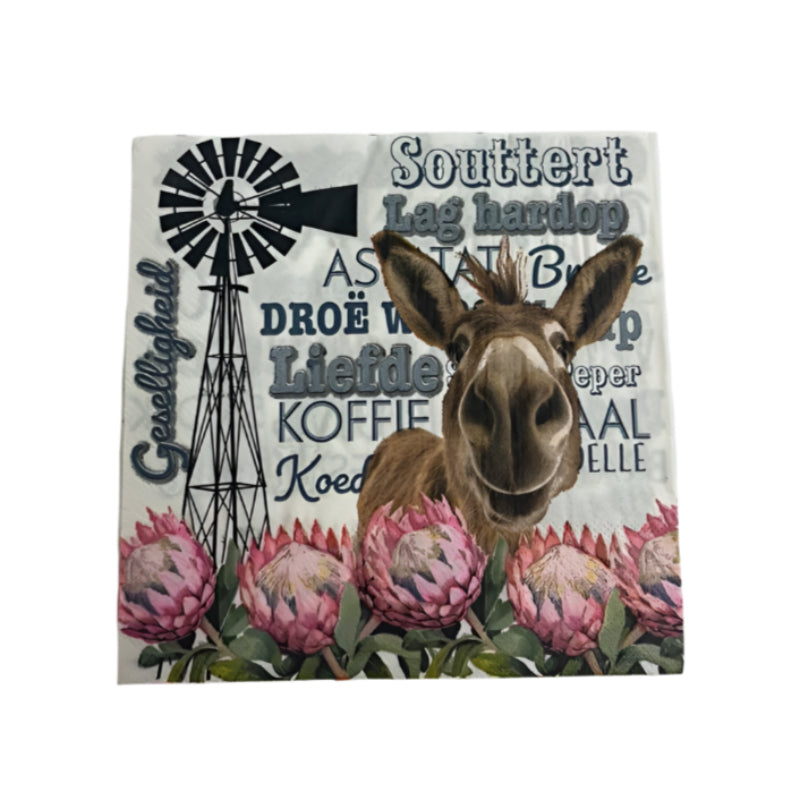 napkin with donkey and protea flowers