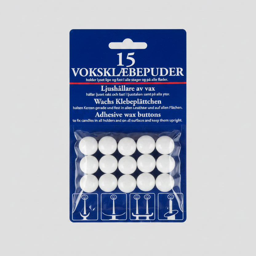 Packaging of 15 adhesive wax buttons with 15 buttons on a blue background.