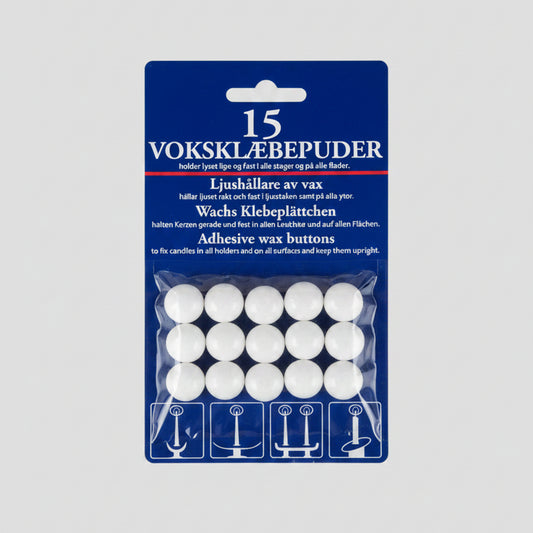 Packaging of 15 adhesive wax buttons with 15 buttons on a blue background.
