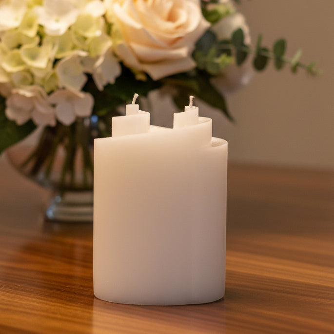 White candle holder with two candles on a white background