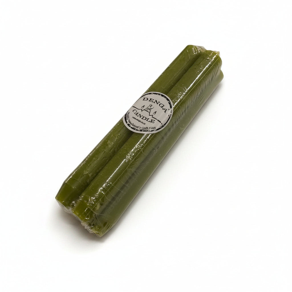 Four olive green candles wrapped together with a GDenga Candles label on a white background