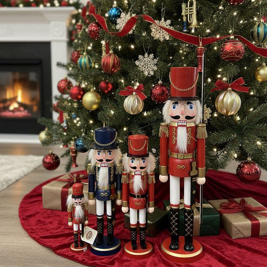 Set of decorative nutcrackers underneath a christmas tree