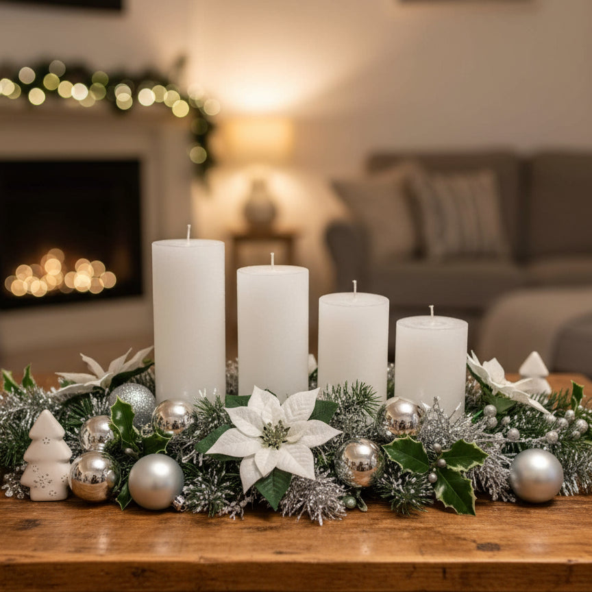 Four white candles on a wooden table with Christmas decoration 