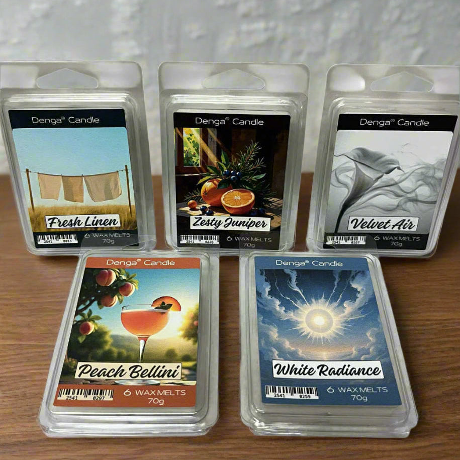 Five packages of Denga Candle wax melts with different scents on a white background