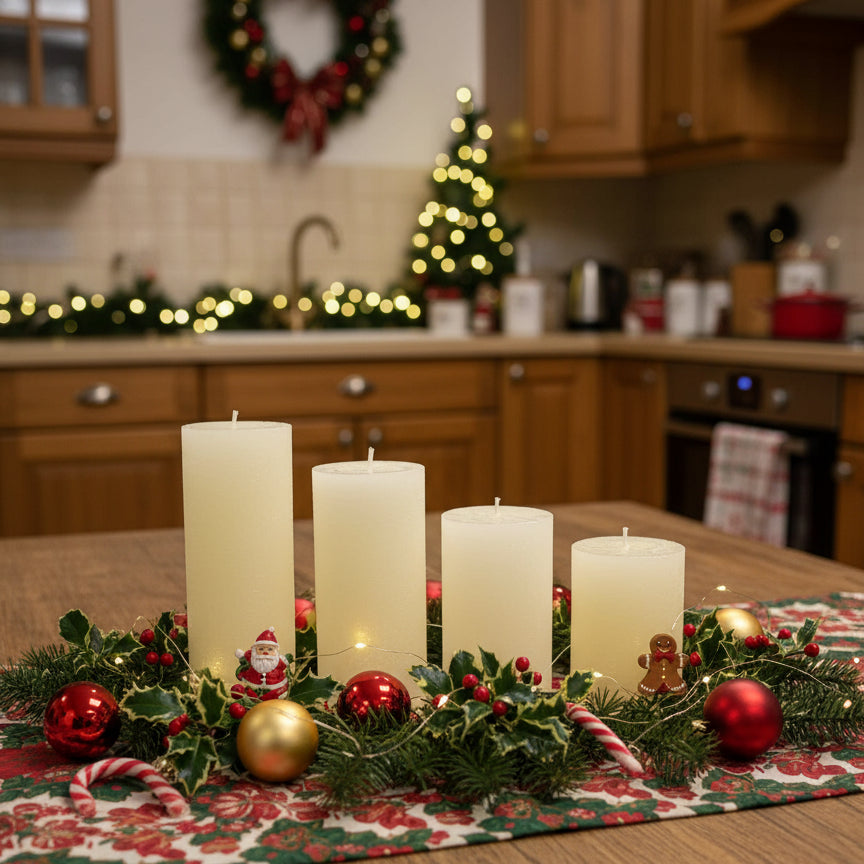 Four ivory candles on a table in a kitchen with Christmas decoration around