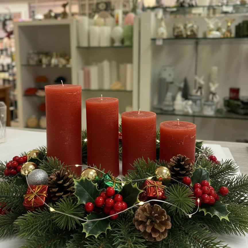 Red candles on a decorative wreath with greenery and berries in a store setting