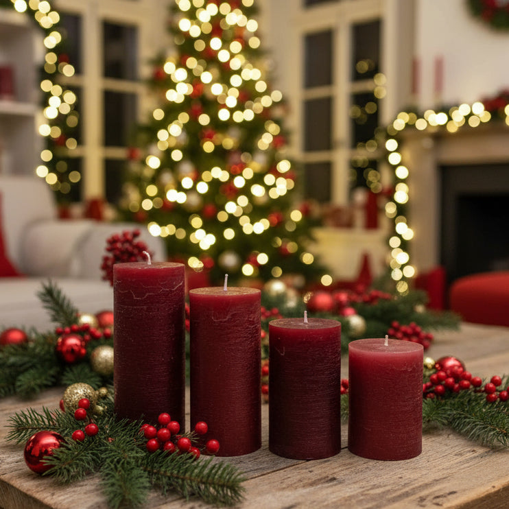 Four dark red candles on a wooden table in a living room with Christmas decoration