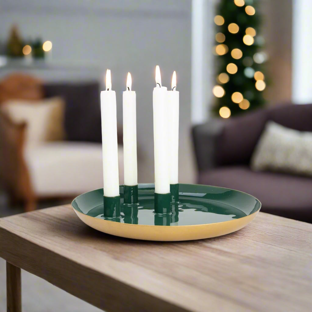 green metal plate-with-4-dinner-candle-holders-green and gold-advent