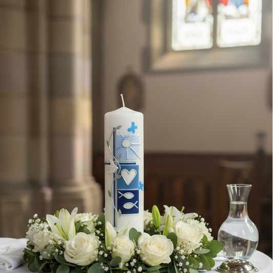 Decorative candle with religious symbols in a church
