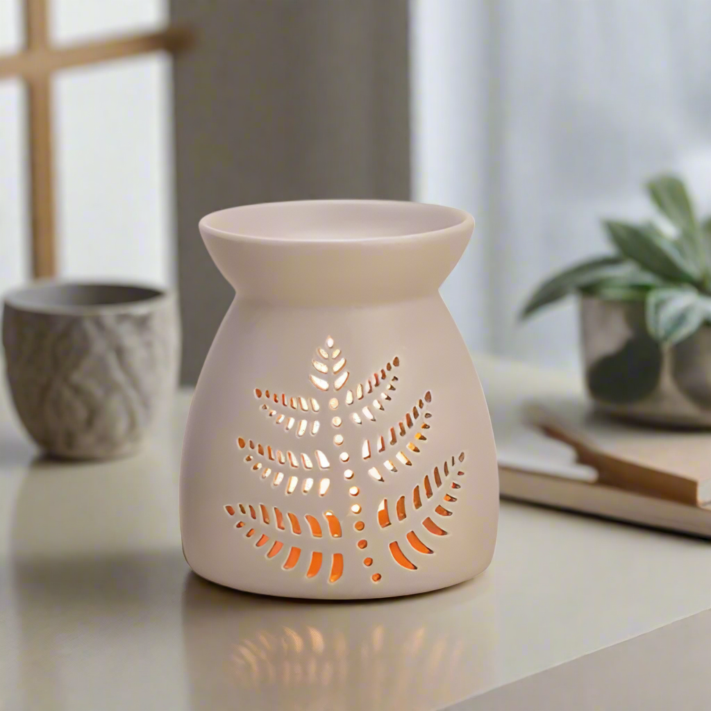 Beige Ceramic oil burner with leaf design