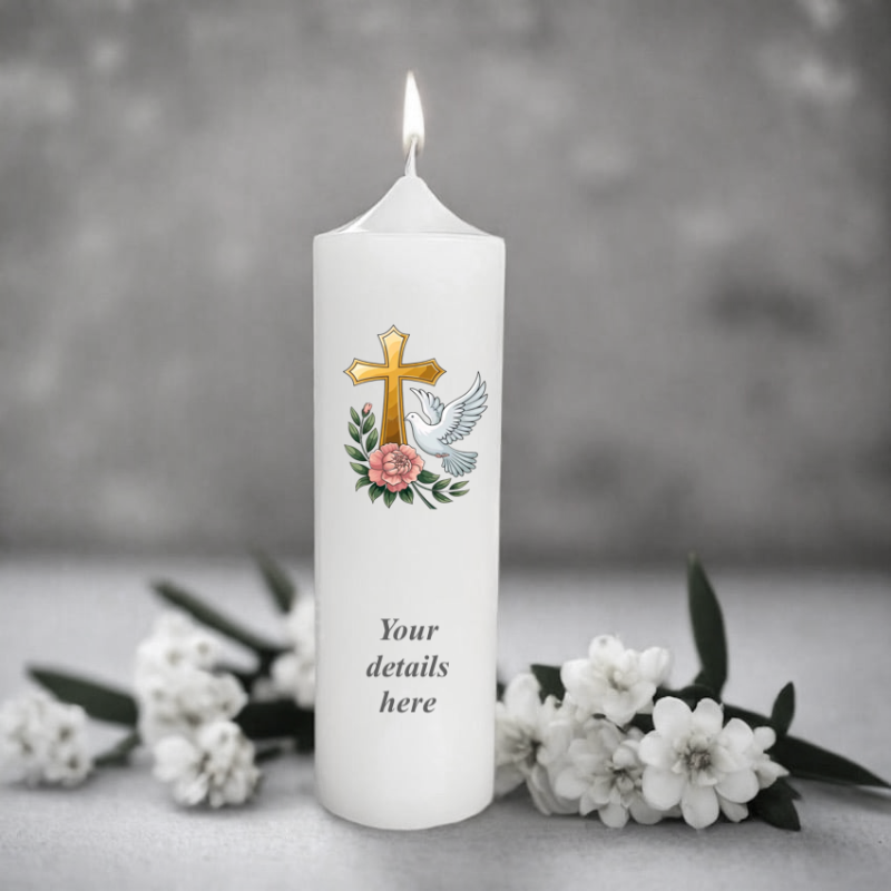 White confirmation candle with religious design and flowers on a gray background