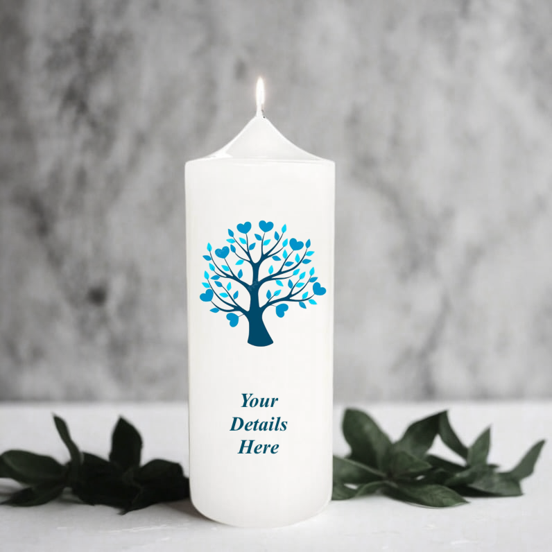 White candle with blue tree design and 'Your Details Here' text on a grey background
