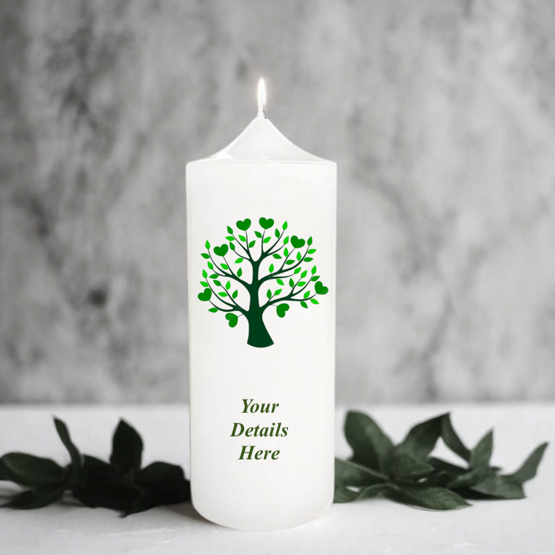 White candle with a green tree design and 'Your Details Here' text on a grey background