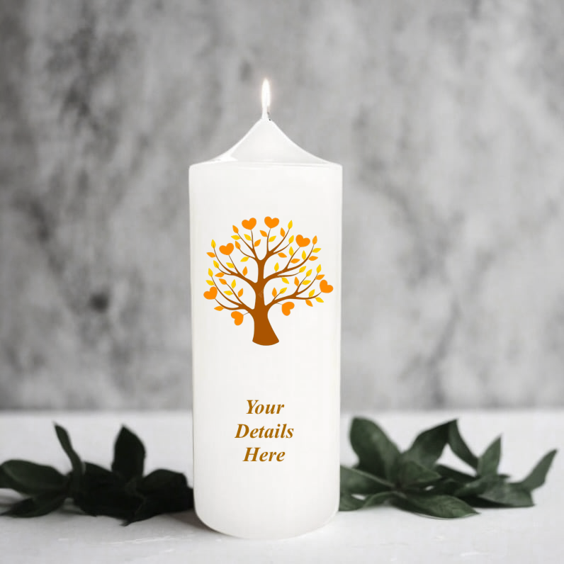 White candle with an orange tree design and 'Your Details Here' text on a grey background