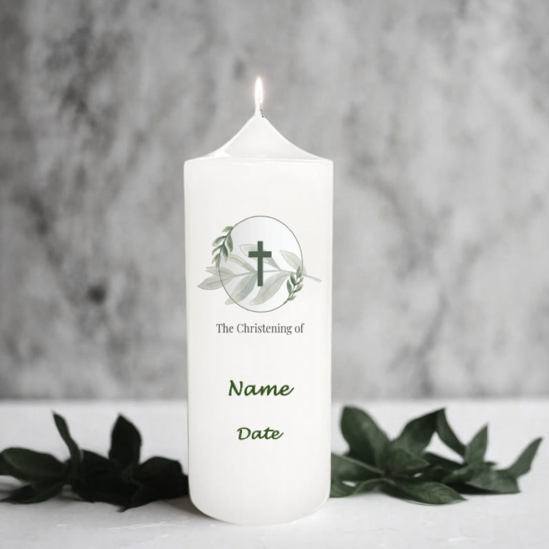 White candle with a cross and leaves design, labeled 'The Christening of Name Date', on a grey background.