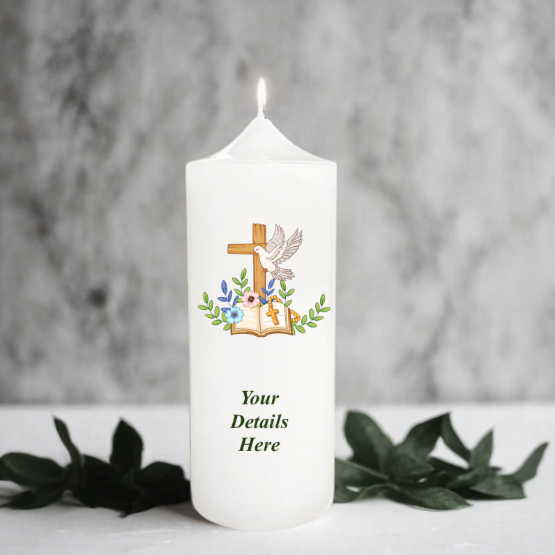 White candle with a design and placeholder text 'Your Details Here' on a grey background