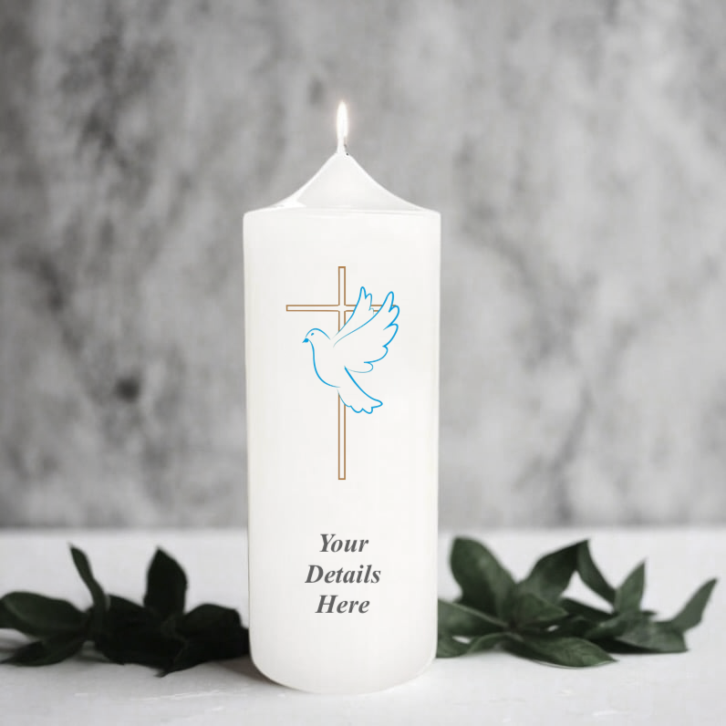 White candle with text and design on a gray background