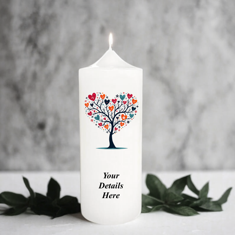 White candle with a colorful heart-shaped tree design and customizable text on a gray background.