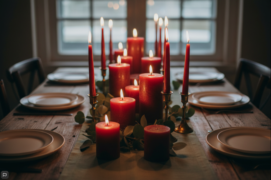 Dining table set with red candles and plates in a dimly lit room.