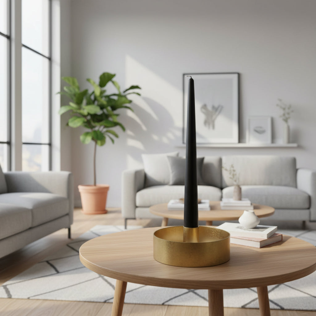 Brass candle holder with black candle on table in a living room