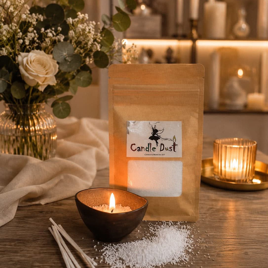 A kraft paper stand-up pouch labeled 'Candle Dust' stands on a wooden table beside a dark bowl with candle dust