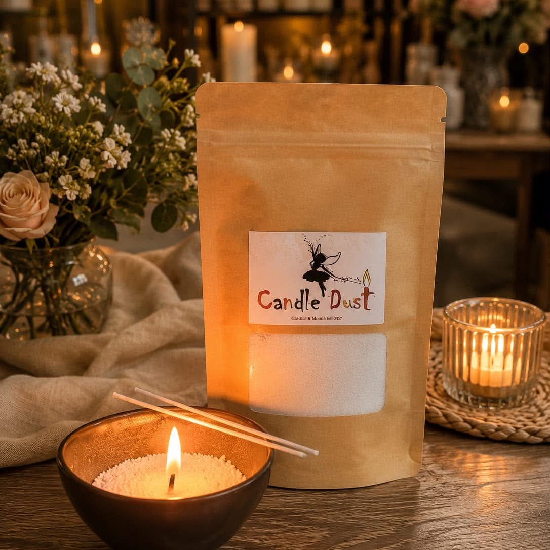 A kraft paper stand-up pouch labeled Candle Dust from Denga on a wooden table in a warmly lit setting with lit candles, flowers, and a small bowl candle in the foreground.