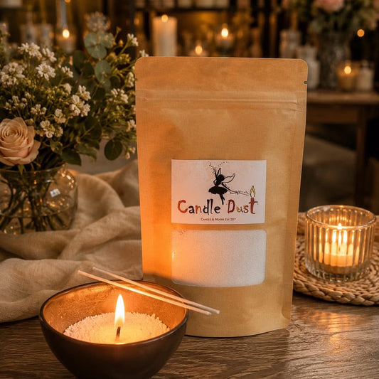 A kraft paper stand-up pouch labeled Candle Dust from Denga on a wooden table in a warmly lit setting with lit candles, flowers, and a small bowl candle in the foreground.