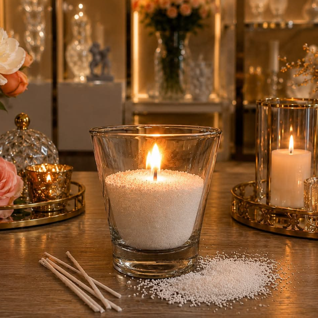 A lit candle made from white candle dust in a clear glass holder, set on a wooden table in a softly lit, elegant room.